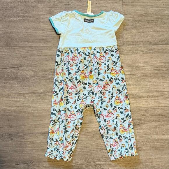 Matilda Jane 6-12 mo long pants romper snap bottom, bicycle/floral teal/yellow - Picture 2 of 6